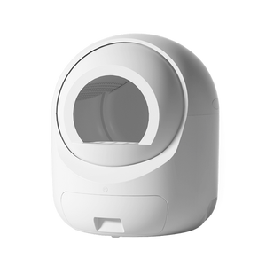 White pet litter box with transparent door on a white background