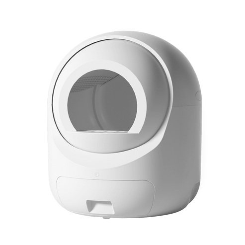 White pet litter box with transparent door on a white background