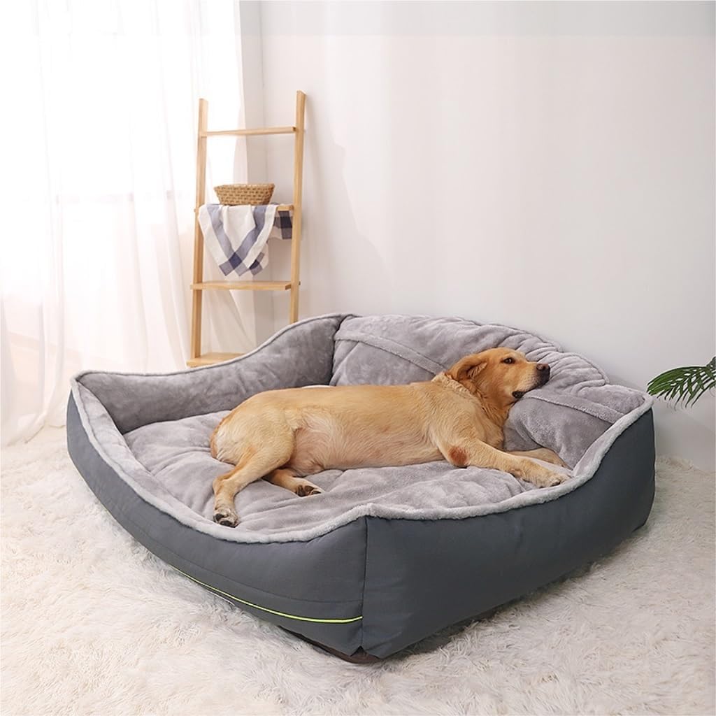 Dog lying on a gray pet bed in a room with a wooden shelf and white curtains.