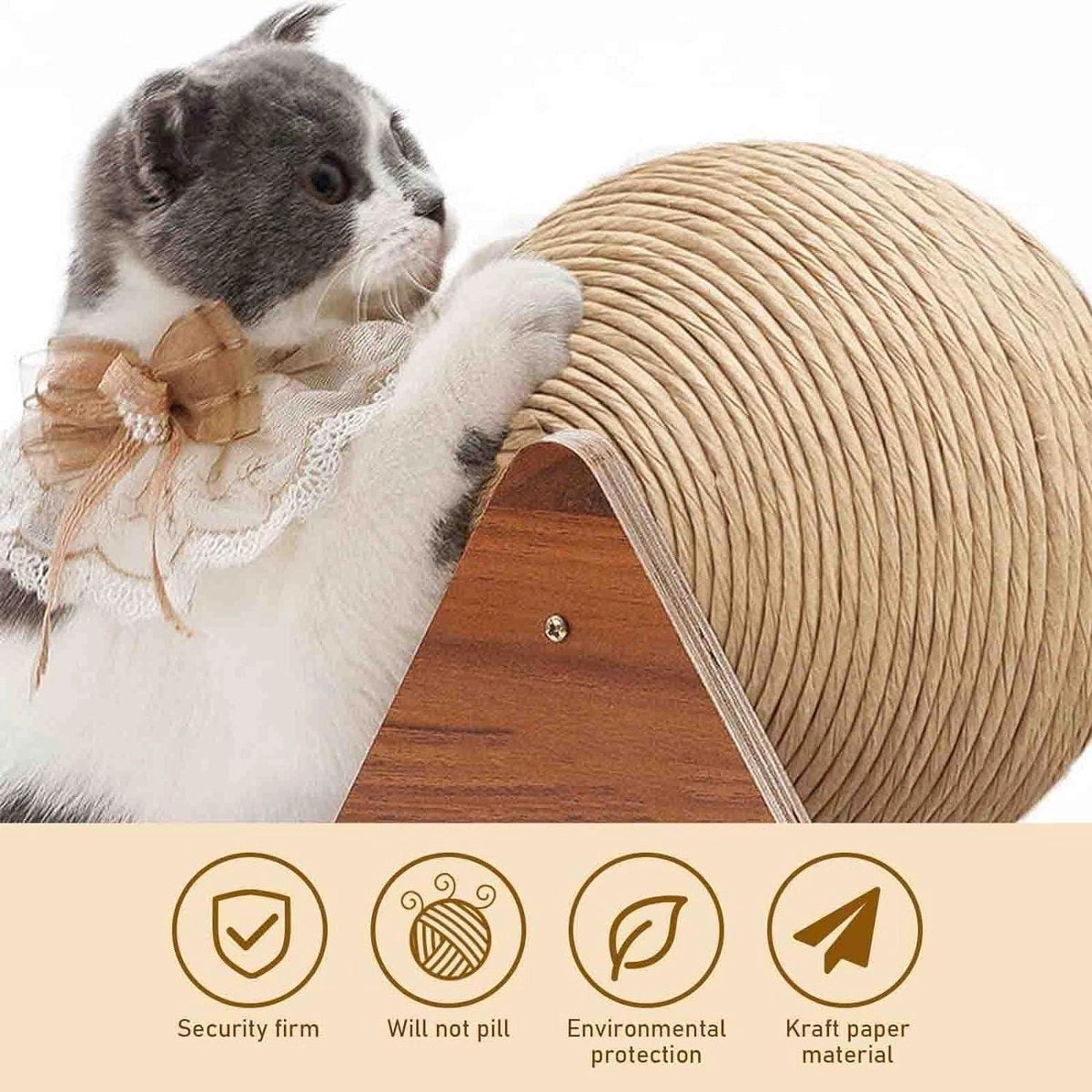 Cat playing with a cardboard cat house, featuring icons and text about product features.