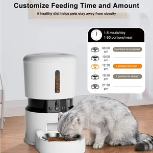 Pet feeder with a cat eating, showing feeding schedule on screen