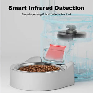 Pet food dispenser with smart infrared detection feature on a white background