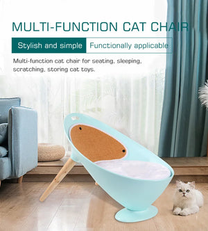 Multi-function cat chair with a cat sitting next to it in a living room setting.