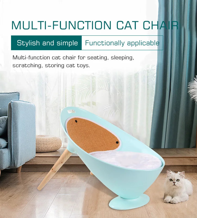 Multi-function cat chair with a cat sitting next to it in a living room setting.