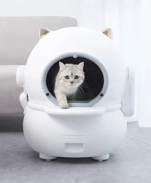 White pet house shaped like a helmet with a cat inside on a light gray floor.