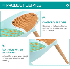 Product details of a pet cleaning tool with text on comfort and water pressure.