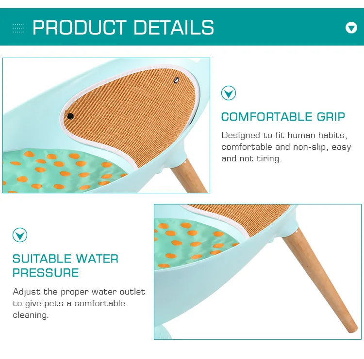 Product details of a pet cleaning tool with text on comfort and water pressure.