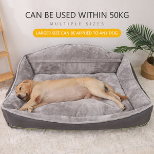 Dog lying on a gray pet bed with text about weight capacity and size applicability.