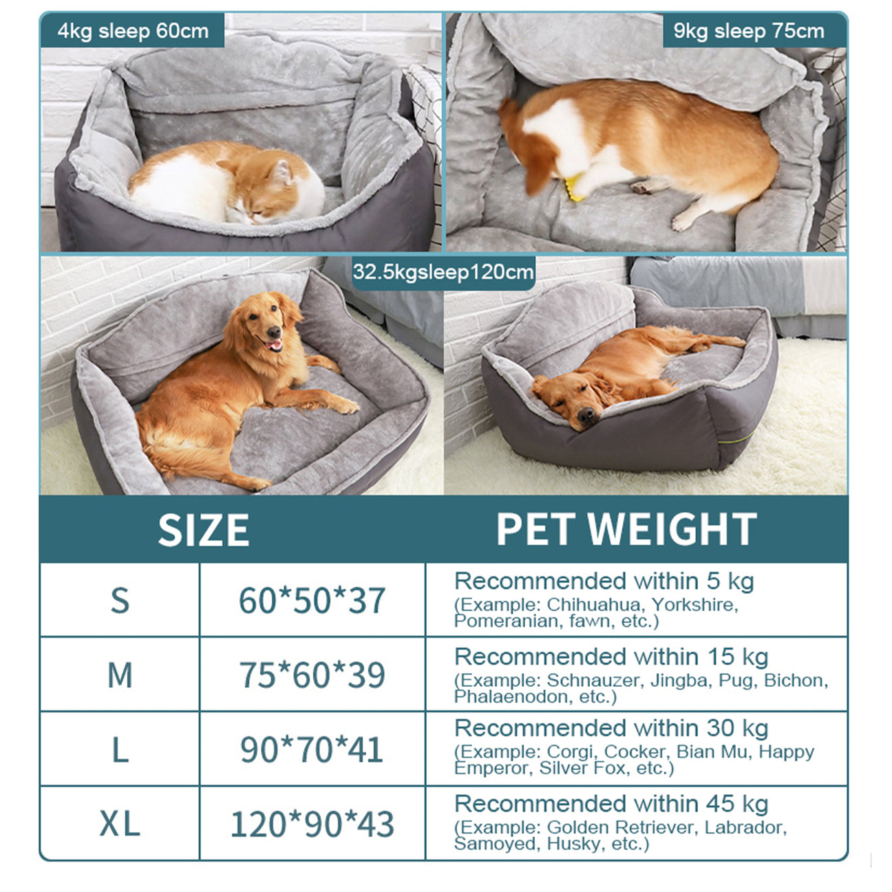 Collage of dogs in different pet beds with size chart and weight recommendations.