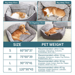 Collage of dogs in different pet beds with size chart and weight recommendations.