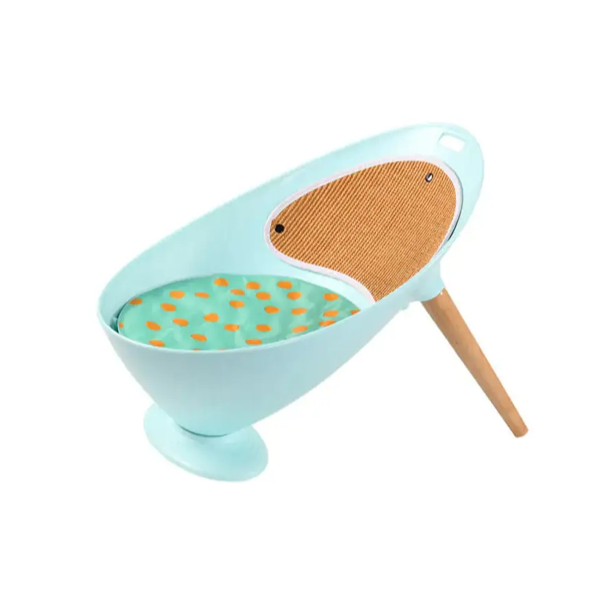Pet toy with a blue base, brown textured area, and wooden handle on a white background