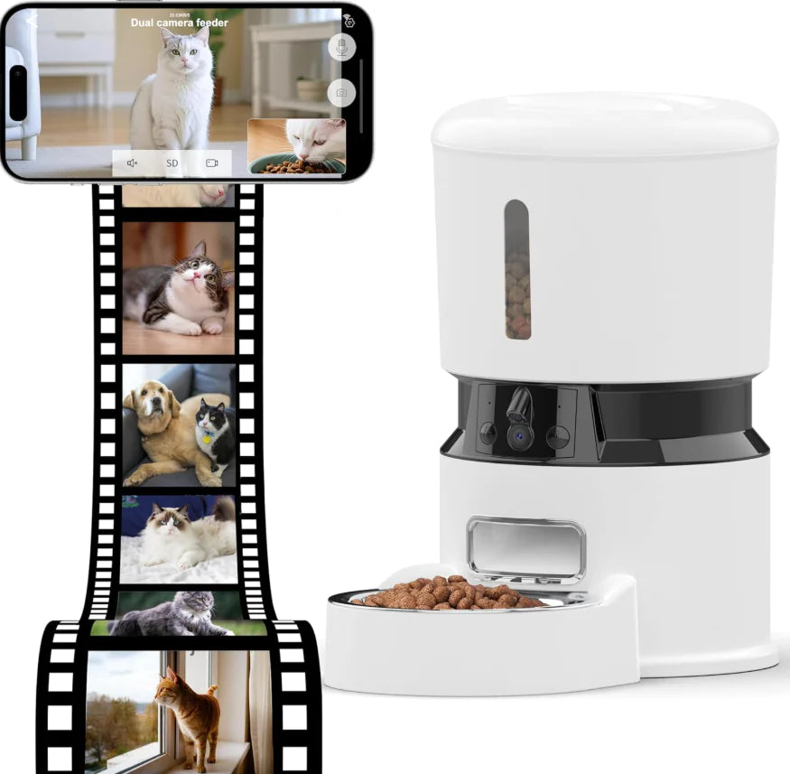 White pet feeder with a film strip of cats on the left