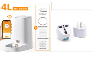 Smart pet feeder with accessories and smartphone app on a white background