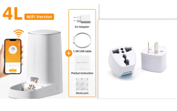 Smart pet feeder with accessories and smartphone app on a white background