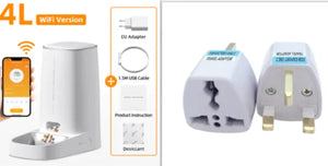 Set of travel adapters + White pet feeder on a white background