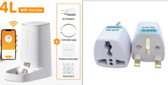 Set of travel adapters + White pet feeder on a white background