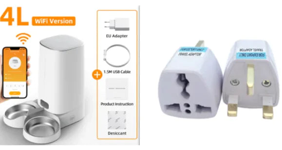 Set of travel adapters + White pet feeder on a white background