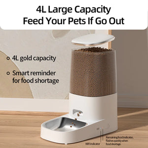 Pet feeder with 4L capacity on a wooden floor, featuring text about its features.