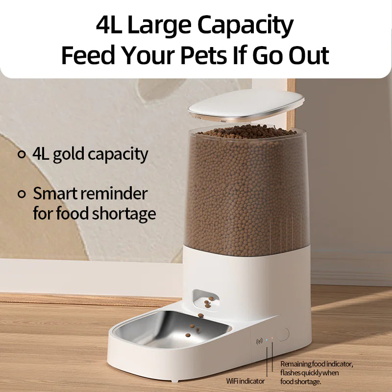 Pet feeder with 4L capacity on a wooden floor, featuring text about its features.