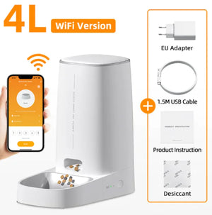White pet feeder with smartphone app, EU adapter, USB cable, and product instruction on a white background