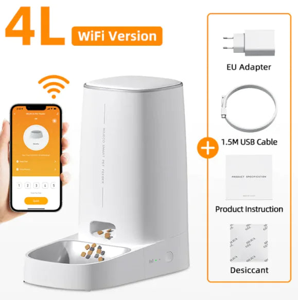 White pet feeder with smartphone app, EU adapter, USB cable, and product instruction on a white background