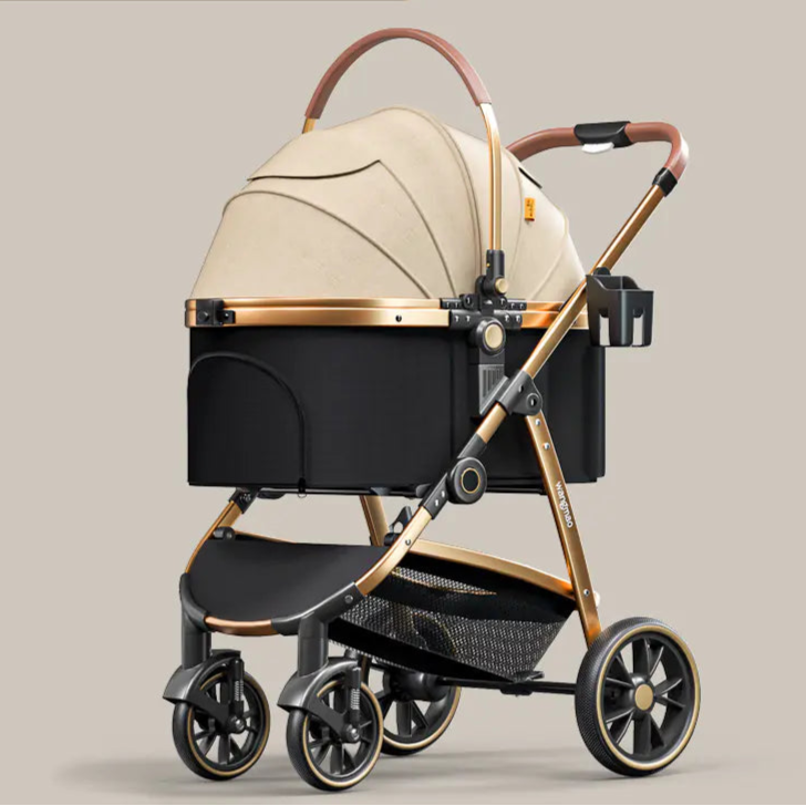 Beige and gold baby stroller with 'wangmao' branding on a beige background