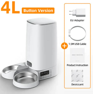 White pet food dispenser with metal bowls and accessories on a white background
