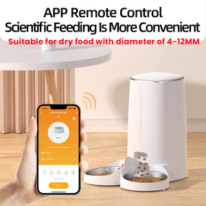Smart pet feeder with app control on a wooden table