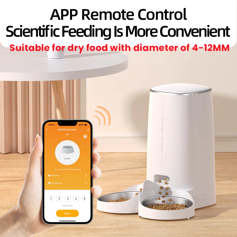Smart pet feeder with app control on a wooden table