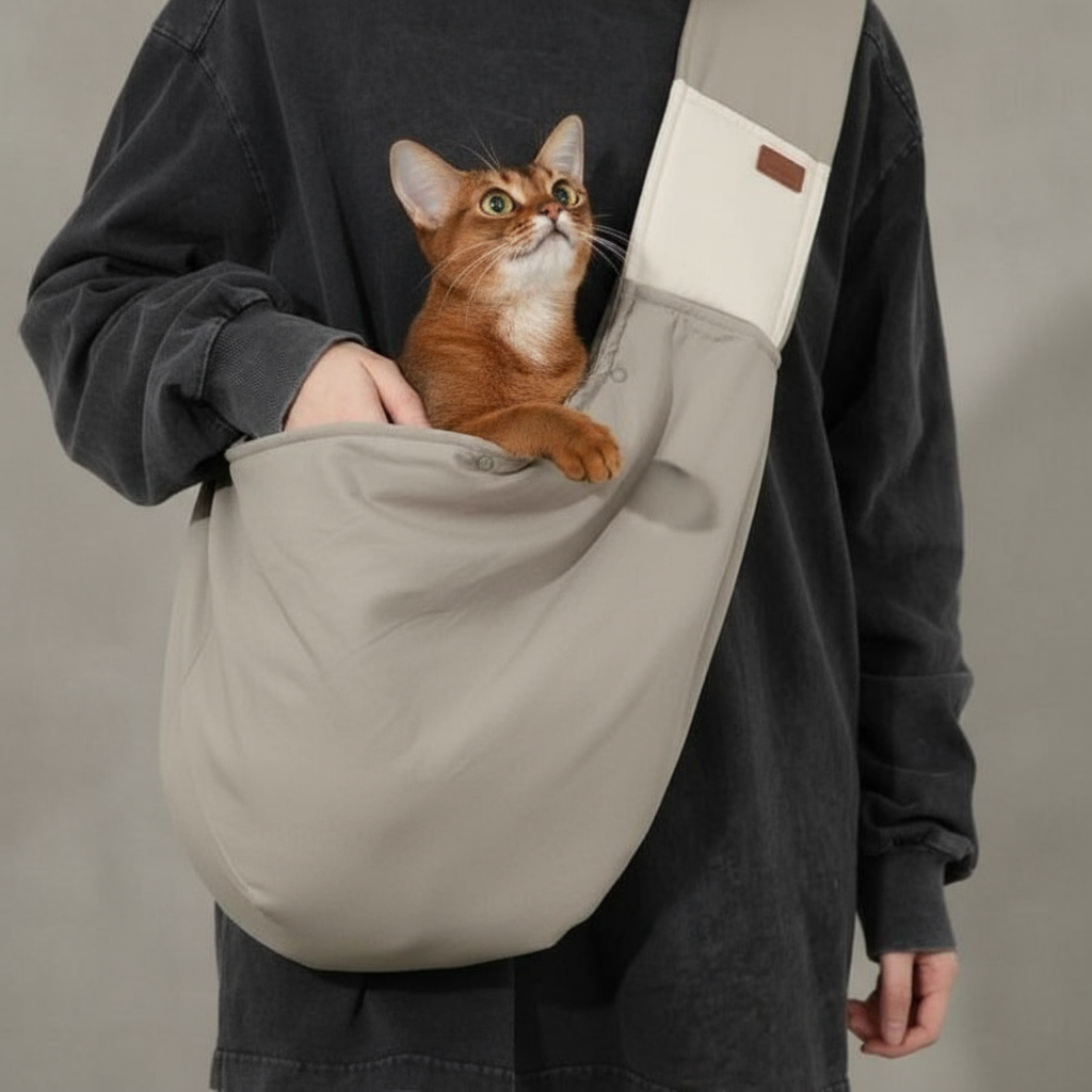 Person holding a beige sling bag with a cat peeking out against a neutral background