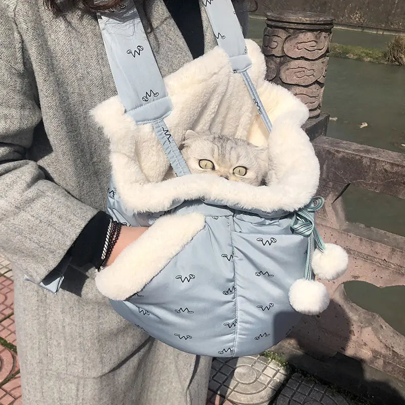 Cat in a blue carrier with white fur held by a person outdoors.