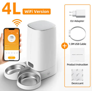 White pet feeder with app on a white background