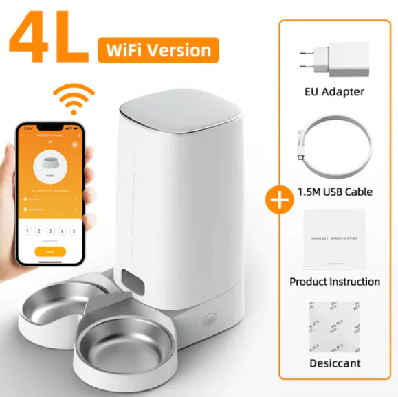 White pet feeder with app on a white background
