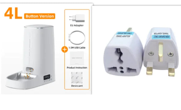 Set of travel adapters + White pet feeder on a white background