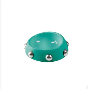 Turquoise bowl with silver accents on a white background
