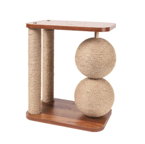 Wooden cat play structure with sisal-covered posts and balls on a white background